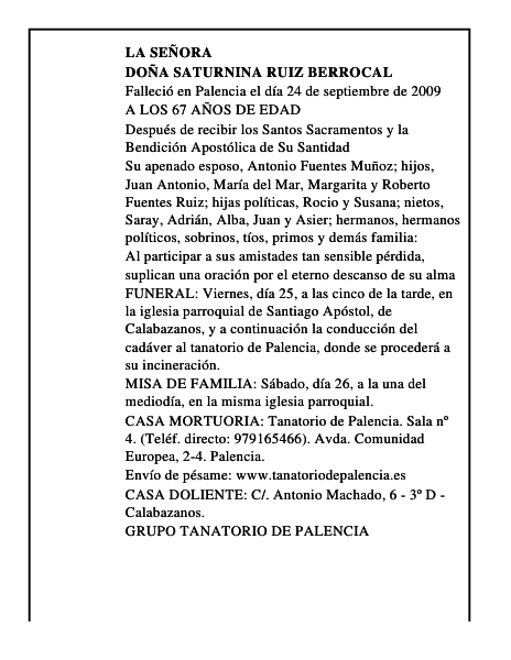 DOÑA SATURNINA RUIZ BERROCAL