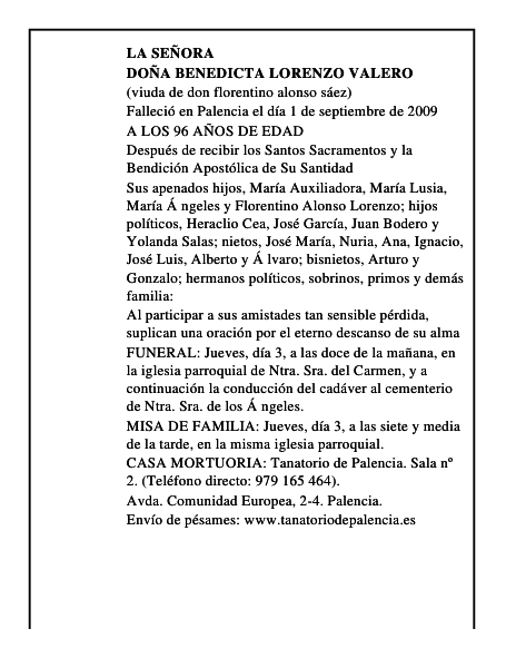 DOÑA BENEDICTA LORENZO VALERO