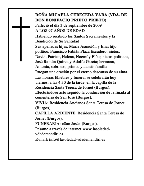 DOÑA MICAELA CERECEDA VARA (VDA. DE DON BONIFACIO PRIETO PRIETO)