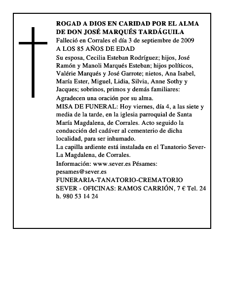 ROGAD A DIOS EN CARIDAD POR EL ALMA DE DON JOSÉ MARQUÉS TARDÁGUILA