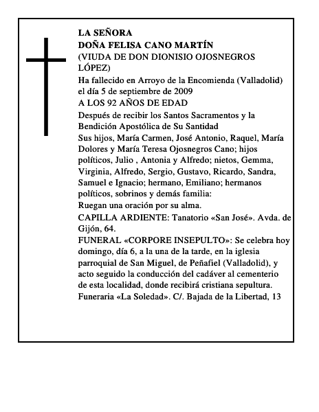 DOÑA FELISA CANO MARTÍN