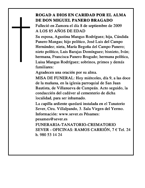 ROGAD A DIOS EN CARIDAD POR EL ALMA DE DON MIGUEL PANERO BRAGADO
