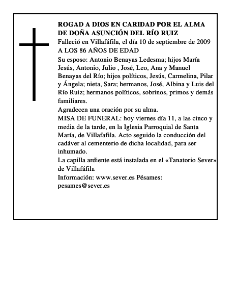 ROGAD A DIOS EN CARIDAD POR EL ALMA DE DOÑA ASUNCIÓN DEL RÍO RUIZ