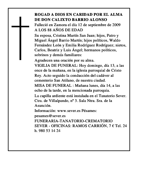 ROGAD A DIOS EN CARIDAD POR EL ALMA DE DON CALIXTO BARRIO ALONSO
