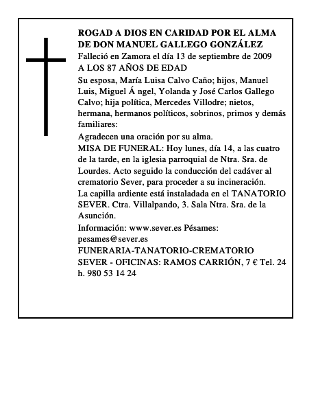 ROGAD A DIOS EN CARIDAD POR EL ALMA DE DON MANUEL GALLEGO GONZÁLEZ