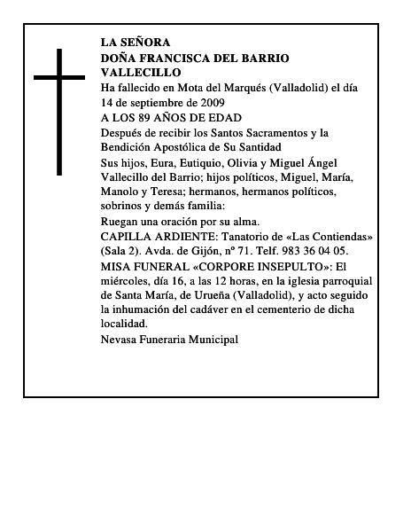 DOÑA FRANCISCA DEL BARRIO VALLECILLO