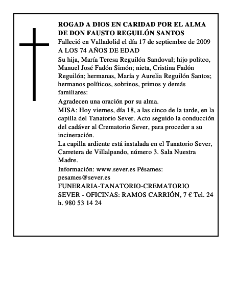 ROGAD A DIOS EN CARIDAD POR EL ALMA DE DON FAUSTO REGUILÓN SANTOS