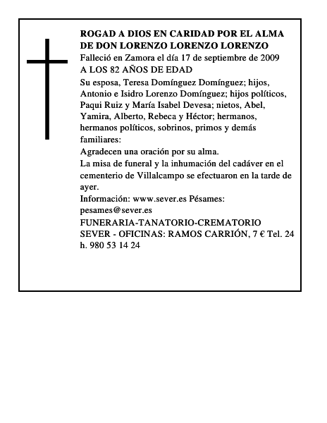 ROGAD A DIOS EN CARIDAD POR EL ALMA DE DON LORENZO LORENZO LORENZO