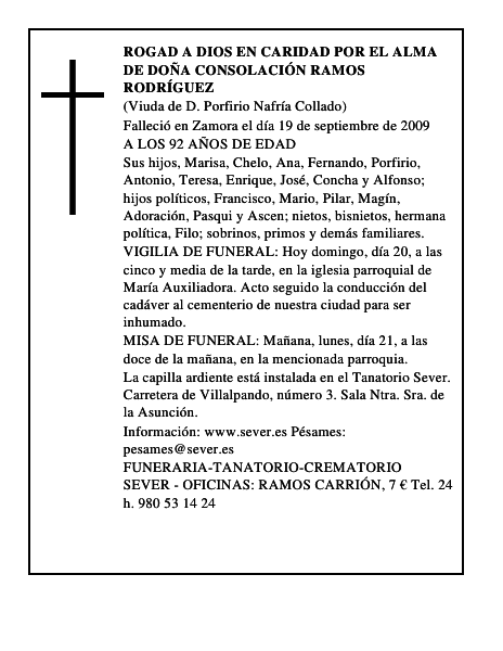 ROGAD A DIOS EN CARIDAD POR EL ALMA DE DOÑA CONSOLACIÓN RAMOS RODRÍGUEZ
