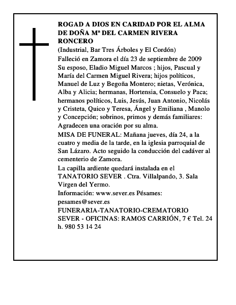 ROGAD A DIOS EN CARIDAD POR EL ALMA DE DOÑA Mª DEL CARMEN RIVERA RONCERO
