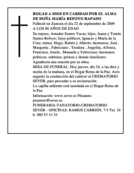 ROGAD A DIOS EN CARIDAD POR EL ALMA DE DOÑA MARÍA REFOYO RAPADO