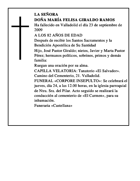 DOÑA MARÍA FELISA GIRALDO RAMOS