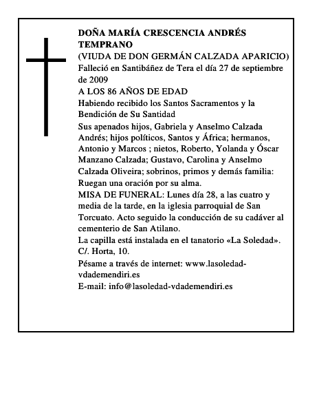 DOÑA MARÍA CRESCENCIA ANDRÉS TEMPRANO