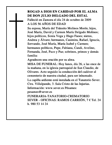 ROGAD A DIOS EN CARIDAD POR EL ALMA DE DON JULIO DELGADO DEL ESTAL