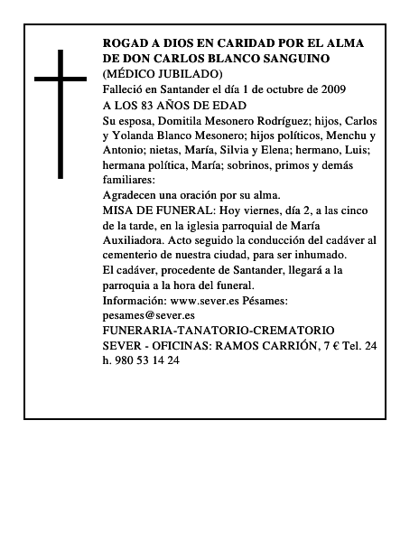 ROGAD A DIOS EN CARIDAD POR EL ALMA DE DON CARLOS BLANCO SANGUINO
