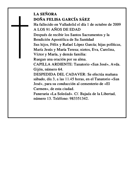 DOÑA FELISA GARCÍA SÁEZ