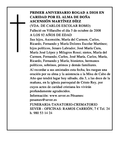 PRIMER ANIVERSARIO rogad a dios en caridad por el alma de DOÑA ASCENSIÓN MARTÍNEZ DÍEZ