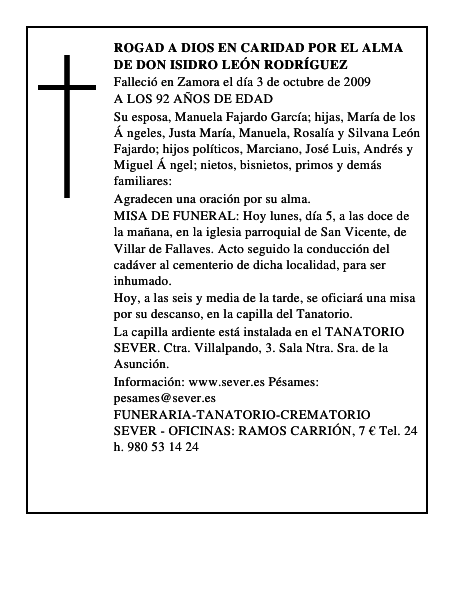 ROGAD A DIOS EN CARIDAD POR EL ALMA DE DON ISIDRO LEÓN RODRÍGUEZ