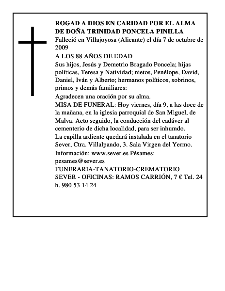 ROGAD A DIOS EN CARIDAD POR EL ALMA DE DOÑA TRINIDAD PONCELA PINILLA