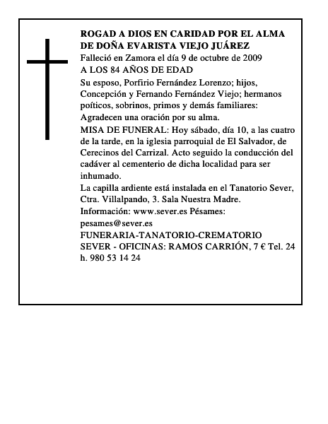 ROGAD A DIOS EN CARIDAD POR EL ALMA DE DOÑA EVARISTA VIEJO JUÁREZ