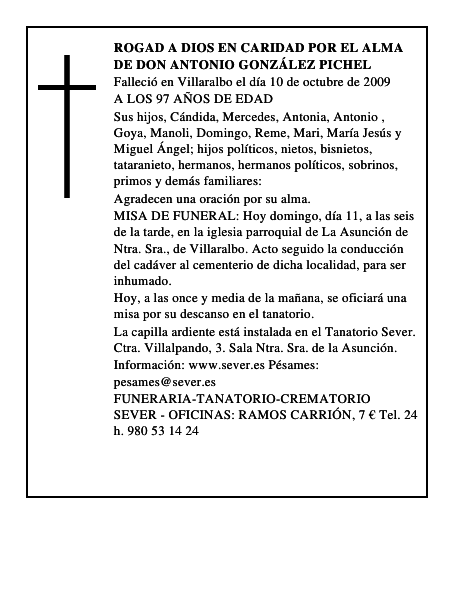 ROGAD A DIOS EN CARIDAD POR EL ALMA DE DON ANTONIO GONZÁLEZ PICHEL