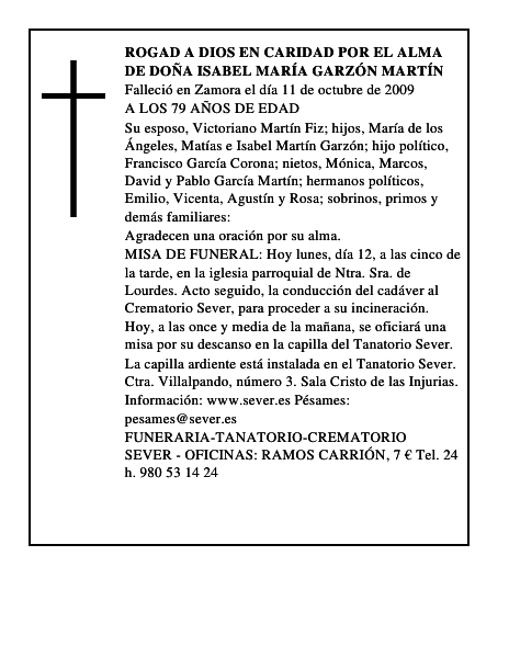 ROGAD A DIOS EN CARIDAD POR EL ALMA DE DOÑA ISABEL MARÍA GARZÓN MARTÍN