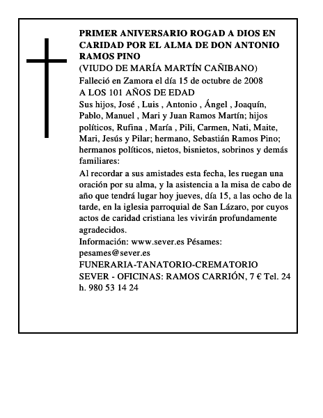 PRIMER ANIVERSARIO ROGAD A DIOS EN CARIDAD POR EL ALMA DE DON ANTONIO RAMOS PINO