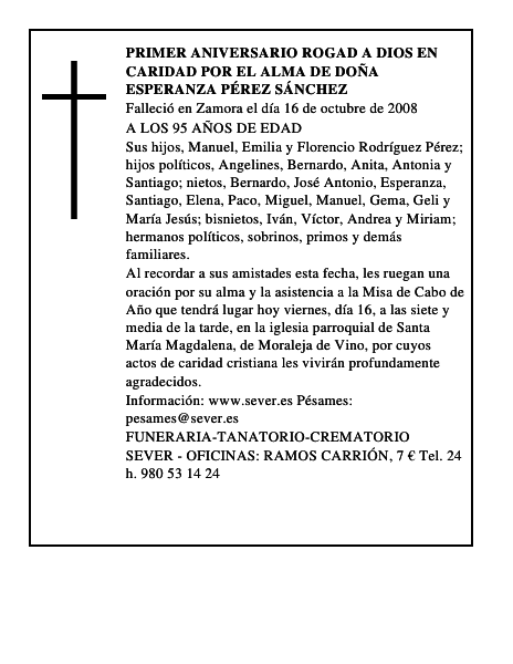 PRIMER ANIVERSARIO rogad a dios en caridad por el alma de DOÑA ESPERANZA PÉREZ SÁNCHEZ
