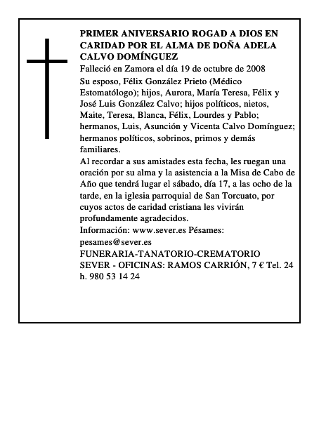 PRIMER ANIVERSARIO rogad a dios en caridad por el alma de DOÑA ADELA CALVO DOMÍNGUEZ