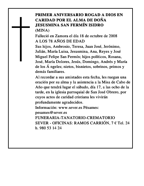 PRIMER ANIVERSARIO rogad a dios en caridad por el alma de DOÑA JESUSMINA SAN FERMÍN ISIDRO
