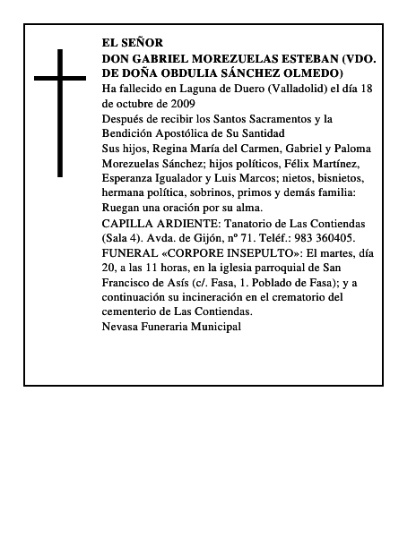 DON GABRIEL MOREZUELAS ESTEBAN (VDO. DE DOÑA OBDULIA SÁNCHEZ OLMEDO)
