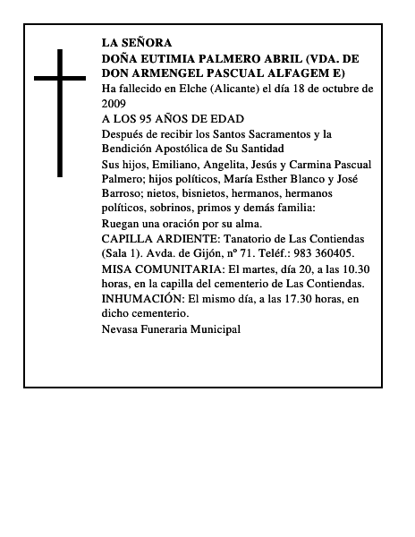 DOÑA EUTIMIA PALMERO ABRIL (VDA. DE DON ARMENGEL PASCUAL ALFAGEM E)