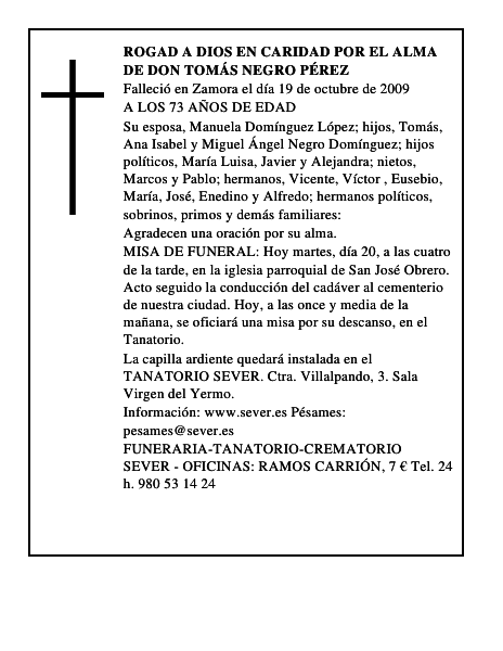 ROGAD A DIOS EN CARIDAD POR EL ALMA DE DON TOMÁS NEGRO PÉREZ