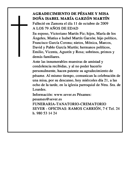 AGRADECIMIENTO DE PÉSAME Y MISA DOÑA ISABEL MARÍA GARZÓN MARTÍN