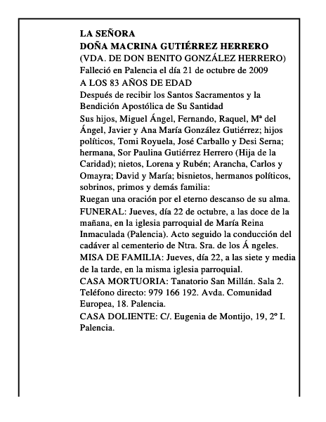DOÑA MACRINA GUTIÉRREZ HERRERO