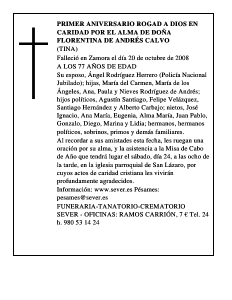 PRIMER ANIVERSARIO rogad a dios en caridad por el alma de DOÑA FLORENTINA DE ANDRÉS CALVO