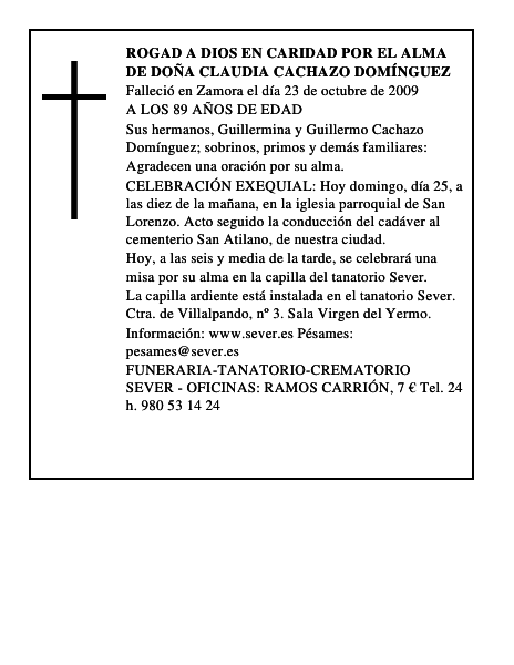 ROGAD A DIOS EN CARIDAD POR EL ALMA DE DOÑA CLAUDIA CACHAZO DOMÍNGUEZ