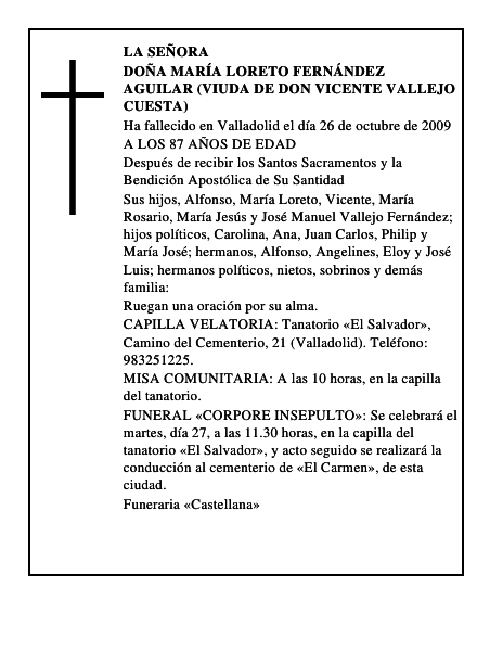 DOÑA MARÍA LORETO FERNÁNDEZ AGUILAR (VIUDA DE DON VICENTE VALLEJO CUESTA)