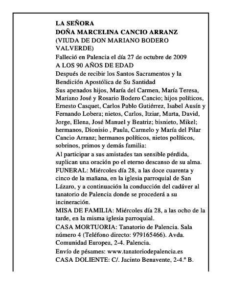DOÑA MARCELINA CANCIO ARRANZ
