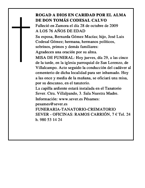 ROGAD A DIOS EN CARIDAD POR EL ALMA DE DON TOMÁS CODESAL CALVO