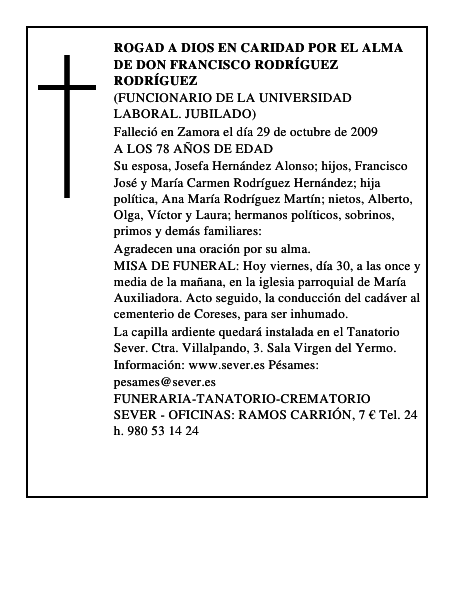 ROGAD A DIOS EN CARIDAD POR EL ALMA DE DON FRANCISCO RODRÍGUEZ RODRÍGUEZ
