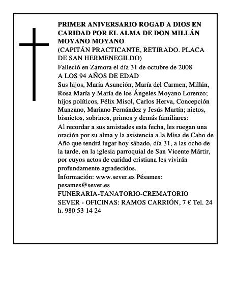 PRIMER ANIVERSARIO ROGAD A DIOS EN CARIDAD POR EL ALMA DE DON MILLÁN MOYANO MOYANO