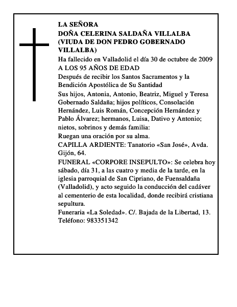 DOÑA CELERINA SALDAÑA VILLALBA (VIUDA DE DON PEDRO GOBERNADO VILLALBA)