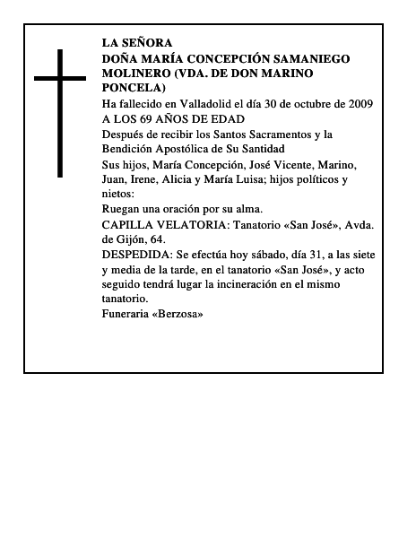 DOÑA MARÍA CONCEPCIÓN SAMANIEGO MOLINERO (VDA. DE DON MARINO PONCELA)