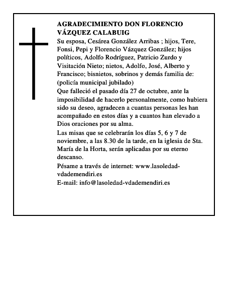 agradecimiento DON FLORENCIO VÁZQUEZ CALABUIG