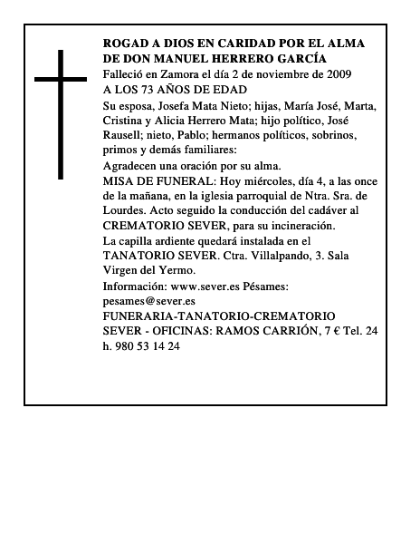 ROGAD A DIOS EN CARIDAD POR EL ALMA DE DON MANUEL HERRERO GARCÍA