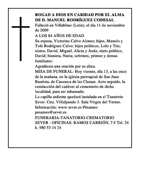 ROGAD A DIOS EN CARIDAD POR EL ALMA DE D. MANUEL RODRÍGUEZ CODESAL