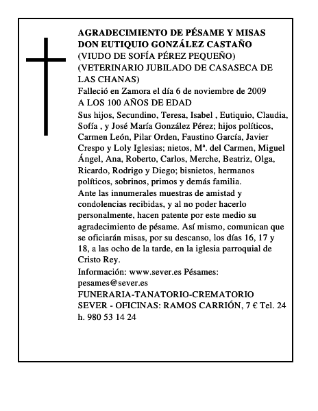 AGRADECIMIENTO DE PÉSAME Y MISAS DON EUTIQUIO GONZÁLEZ CASTAÑO
