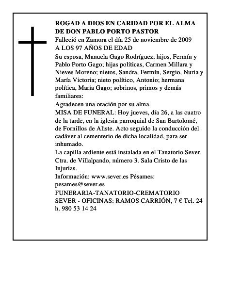 ROGAD A DIOS EN CARIDAD POR EL ALMA DE DON PABLO PORTO PASTOR