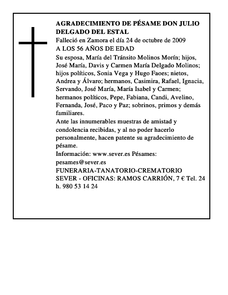 AGRADECIMIENTO DE PÉSAME DON JULIO DELGADO DEL ESTAL